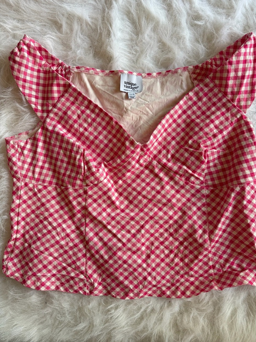 Unique Vintage Pink and White Gingham Off the shoulder cropped top